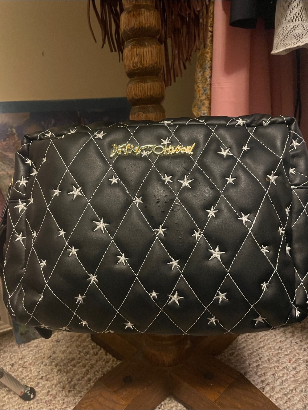 Betsey Johnson Black Quilted Star Cosmetic Bag